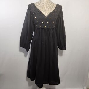 World Market Women Size L/XL Black Puff Sleeve Fringe Trim Eyelet Peasant Dress